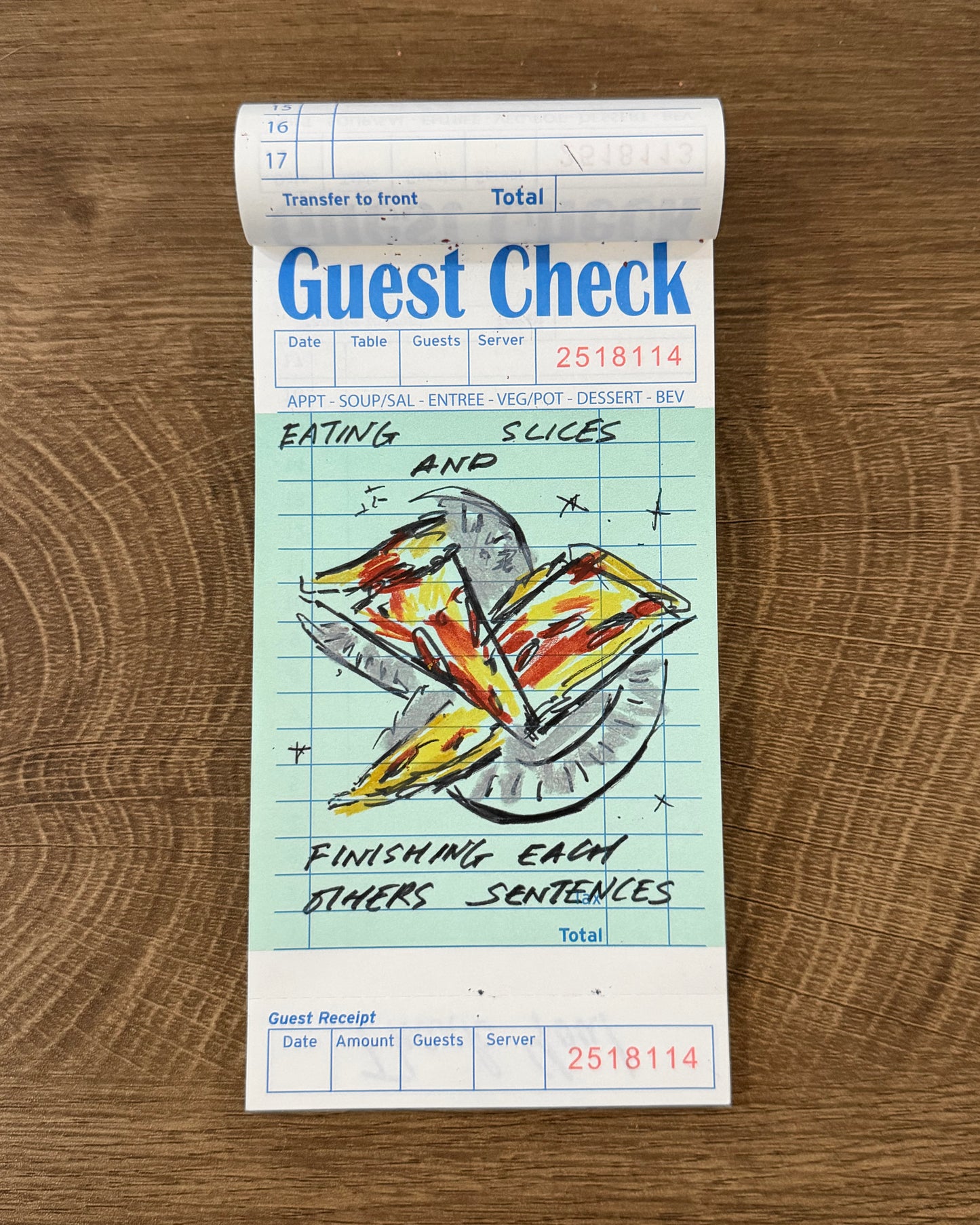Eating Slices & Finishing Each Other’s Sentences – Original Pizza Guest Check Illustration