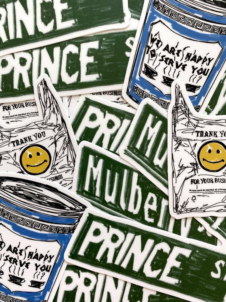 stickers: smiley face bag - mulberry prince - coffee cup