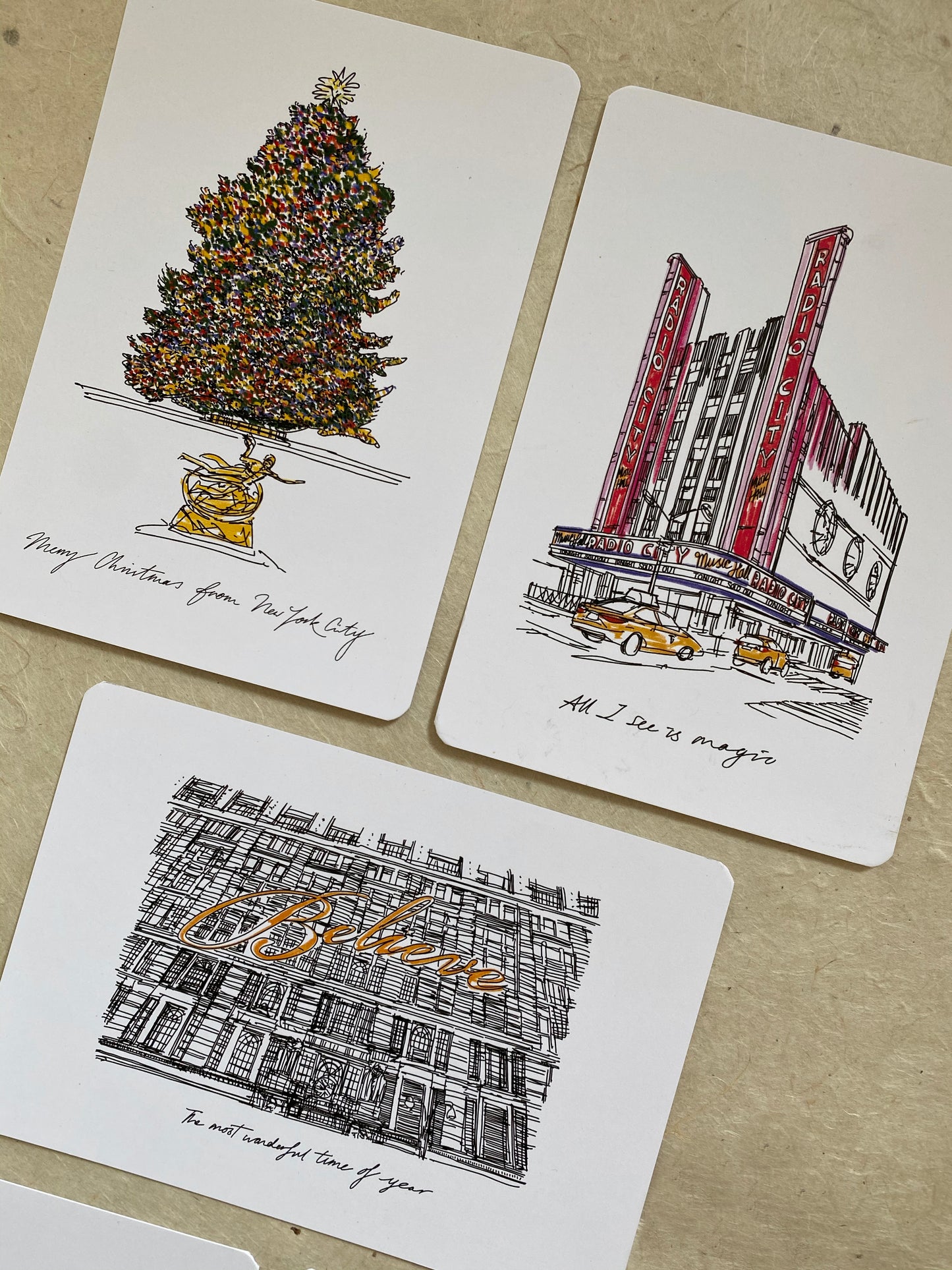 set of 5 christmas postcards