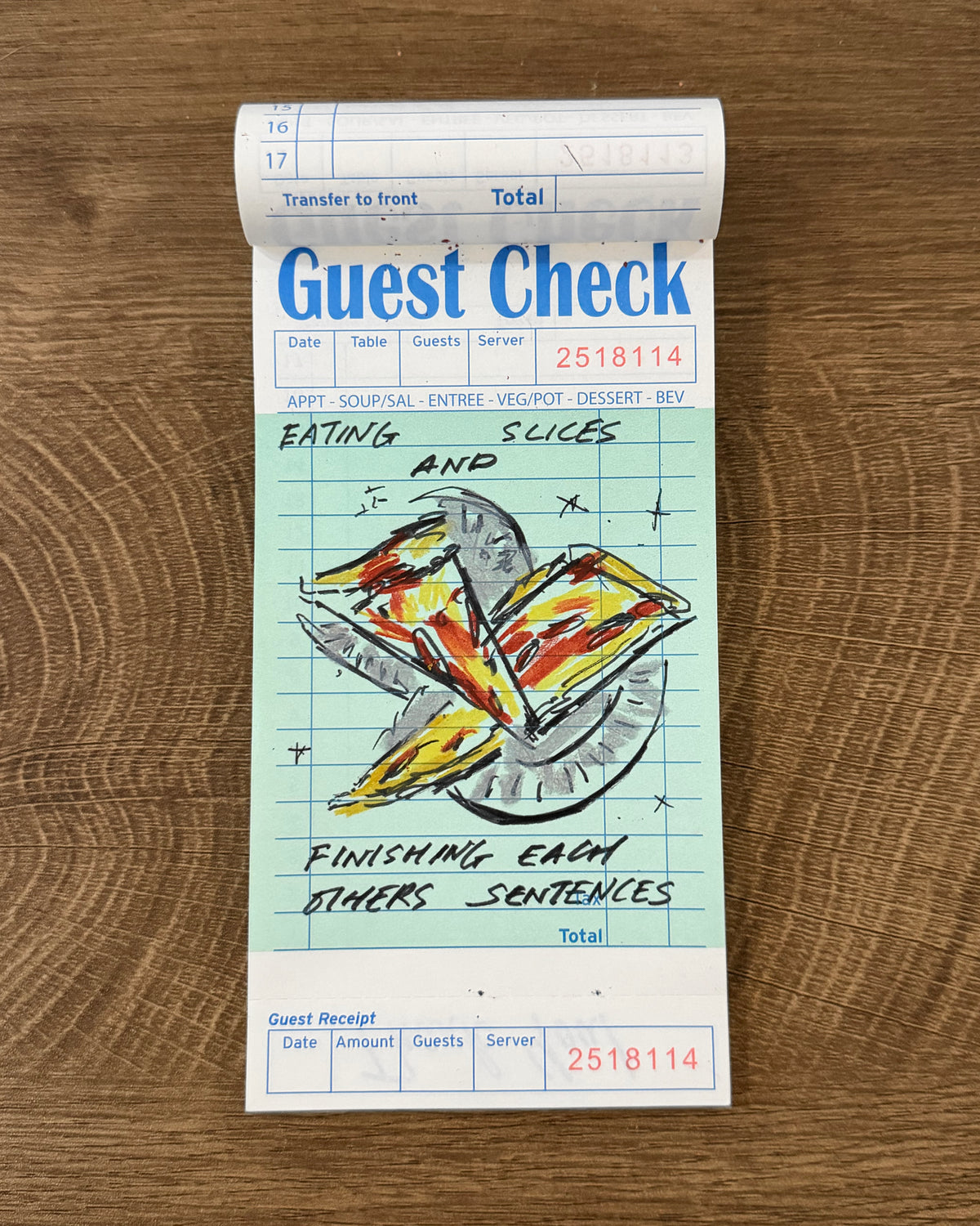 Eating Slices & Finishing Each Other’s Sentences – Original Pizza Guest Check Illustration